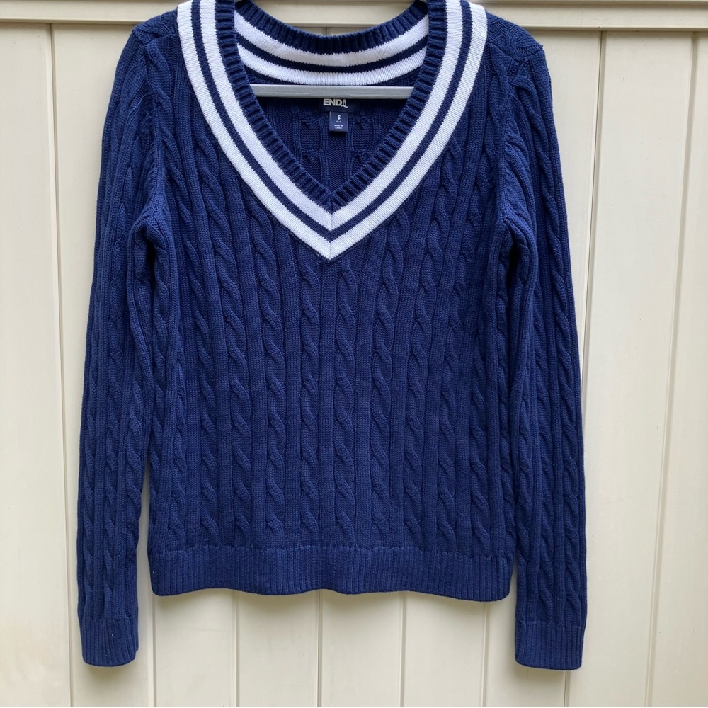 Land's End women's tennis sweater navy small varsity stripe v neck cable knit